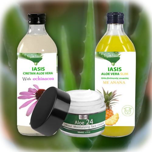 2 Κρητικές Αλόες της επιλογής σας + 1 κρέμα Aloe24 ΔΩΡΟ