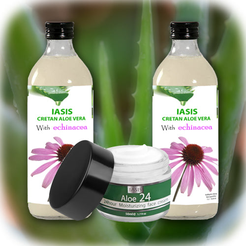 2 Κρητικές Αλόες της επιλογής σας + 1 κρέμα Aloe24 ΔΩΡΟ