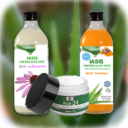 2 Κρητικές Αλόες της επιλογής σας + 1 κρέμα Aloe24 ΔΩΡΟ
