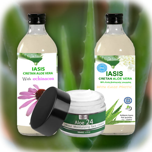 2 Κρητικές Αλόες της επιλογής σας + 1 κρέμα Aloe24 ΔΩΡΟ
