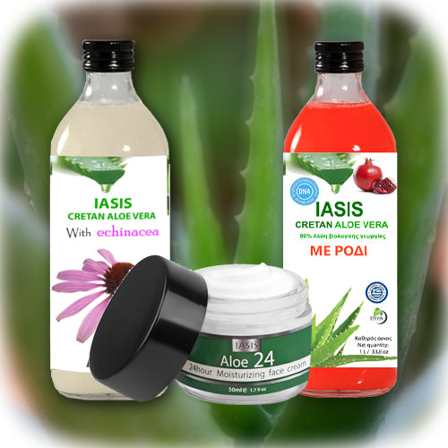 2 Κρητικές Αλόες της επιλογής σας + 1 κρέμα Aloe24 ΔΩΡΟ