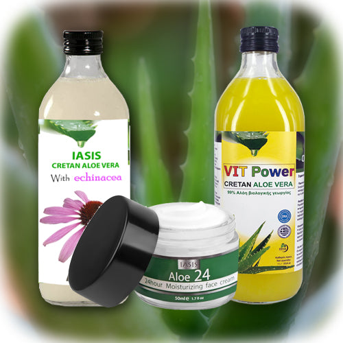 2 Κρητικές Αλόες της επιλογής σας + 1 κρέμα Aloe24 ΔΩΡΟ
