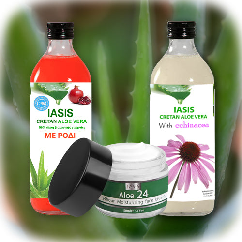 2 Κρητικές Αλόες της επιλογής σας + 1 κρέμα Aloe24 ΔΩΡΟ