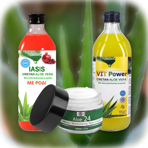 2 Κρητικές Αλόες της επιλογής σας + 1 κρέμα Aloe24 ΔΩΡΟ