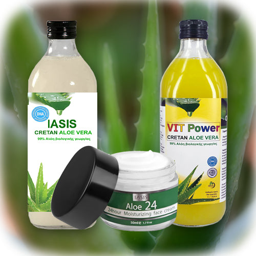 2 Κρητικές Αλόες της επιλογής σας + 1 κρέμα Aloe24 ΔΩΡΟ