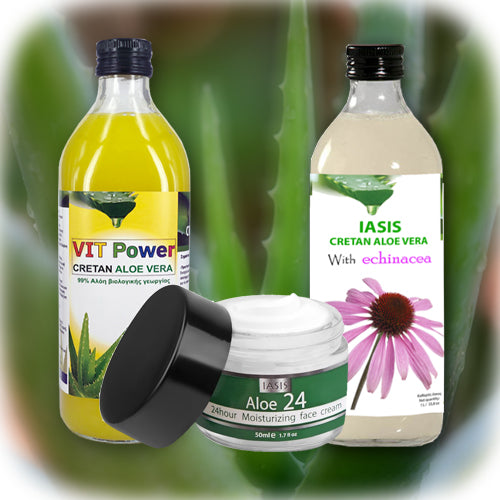 2 Κρητικές Αλόες της επιλογής σας + 1 κρέμα Aloe24 ΔΩΡΟ