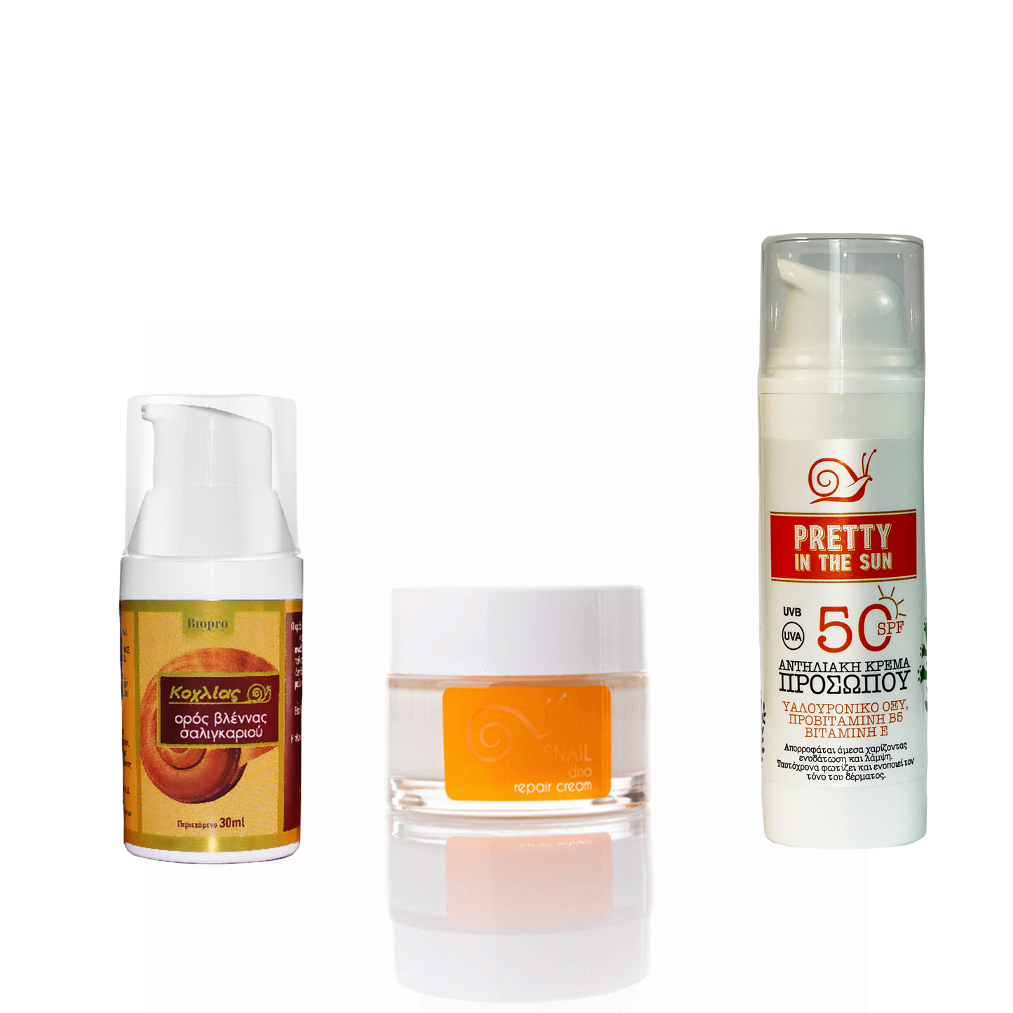 ΠΡΟΣΦΟΡΆ 1+2 ΔΩΡΑ, Oρός Κοχλία™ από Γέλη σαλιγκαριού, ενυδατική 24ωρη κρέμα, Αντηλιακό Προσώπου SPF50 με χρώμα