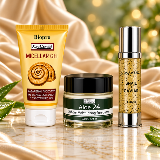 Snail Caviar Serum, Κρέμα Προσώπου Aloe Vera 24h & Micellar Gel Καθαρισμού με Σαλιγκάρι – Σετ 3 Προϊόντων