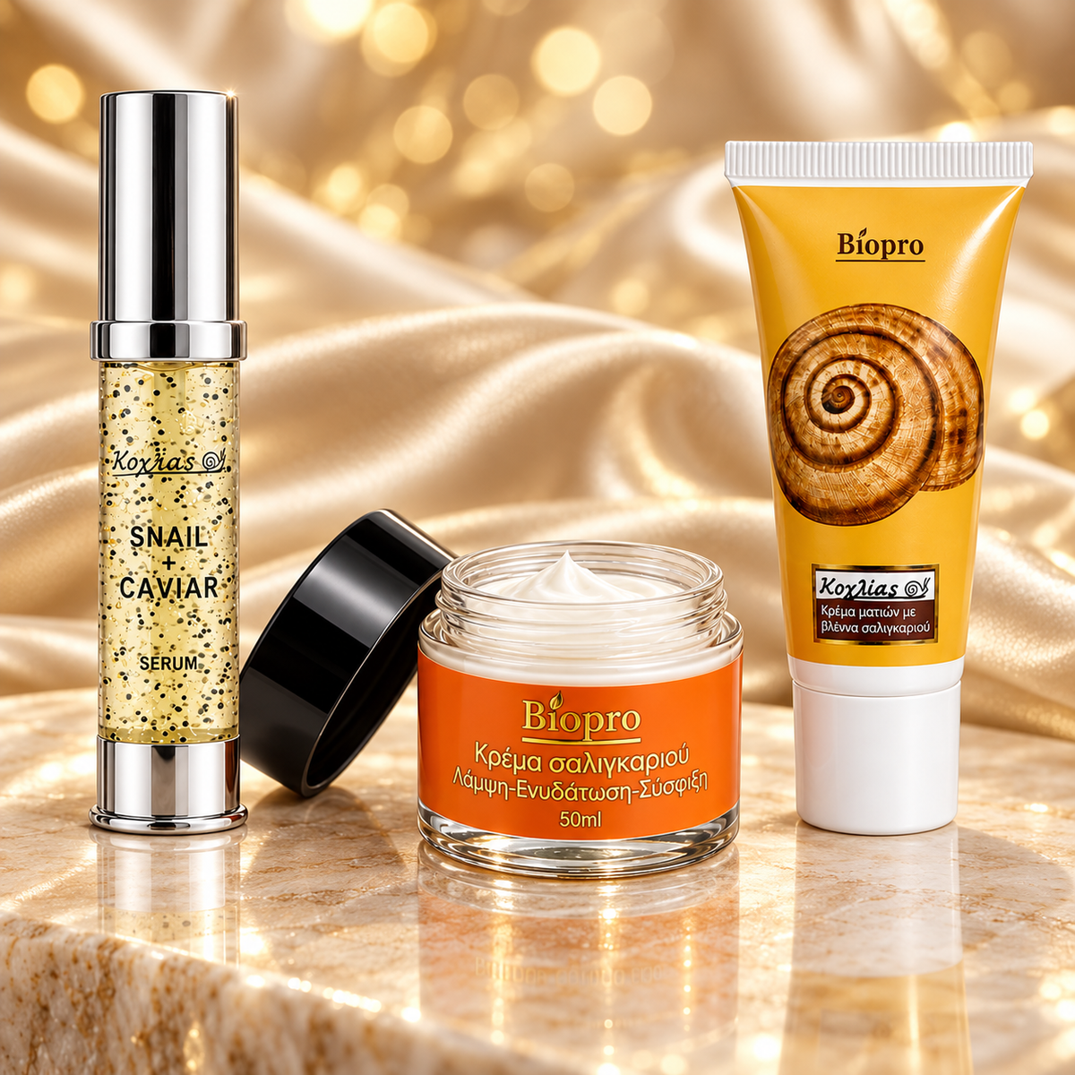 Snail Αναπλαστική Κρέμα 24ωρη, Snail Caviar Serum & Κρέμα Ματιών με Βλέννα Σαλιγκαριού – Πλήρες Σετ Προσώπου